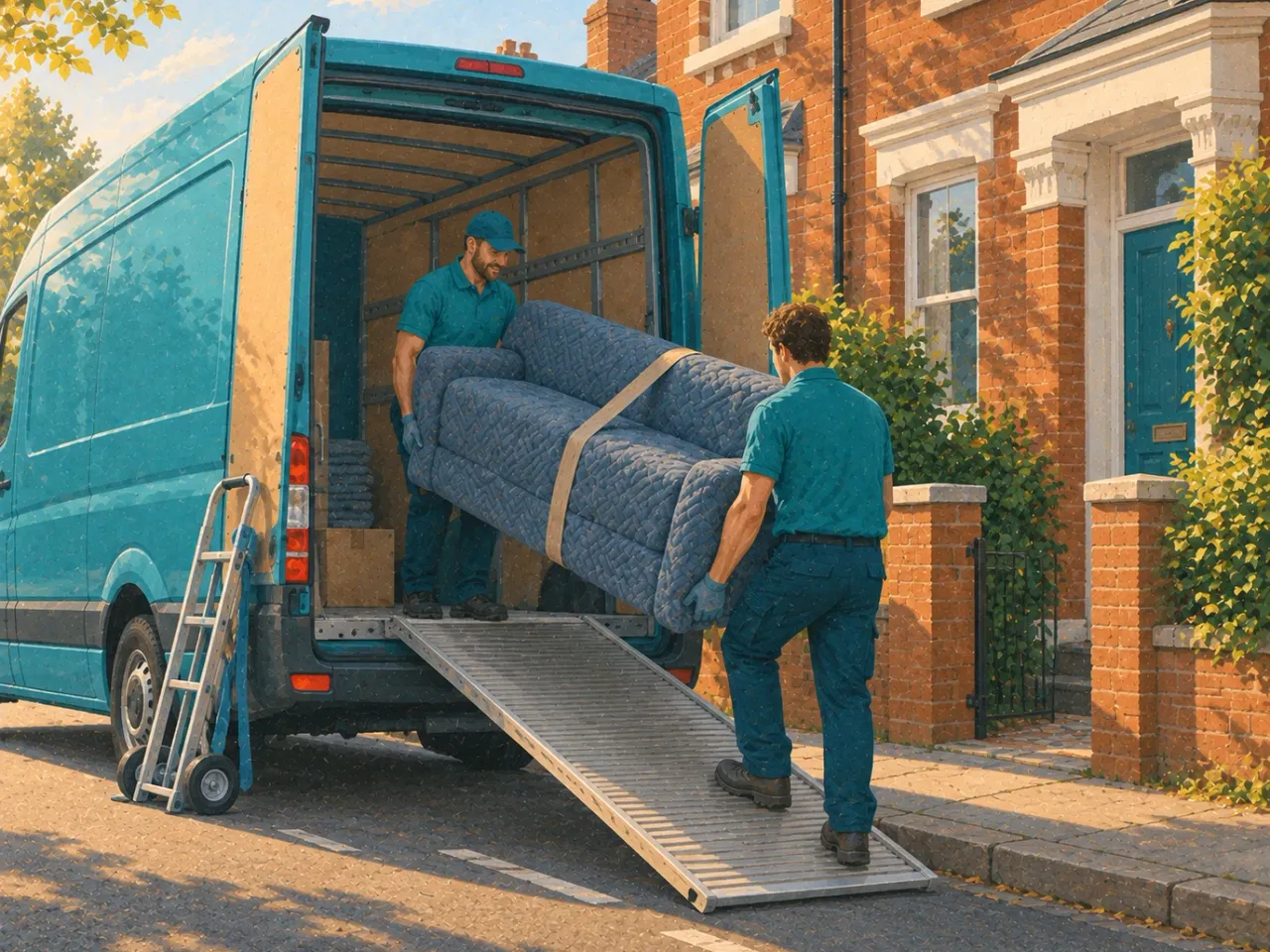 A blanket-wrapped sofa being carried on a trolley from a van into a flat entrance