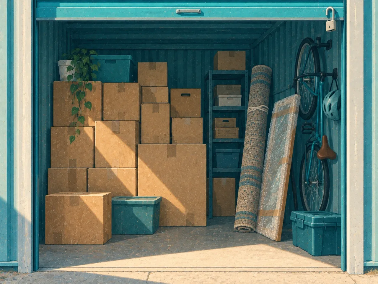 Blanket-wrapped furniture and labelled boxes stacked inside a secure storage container