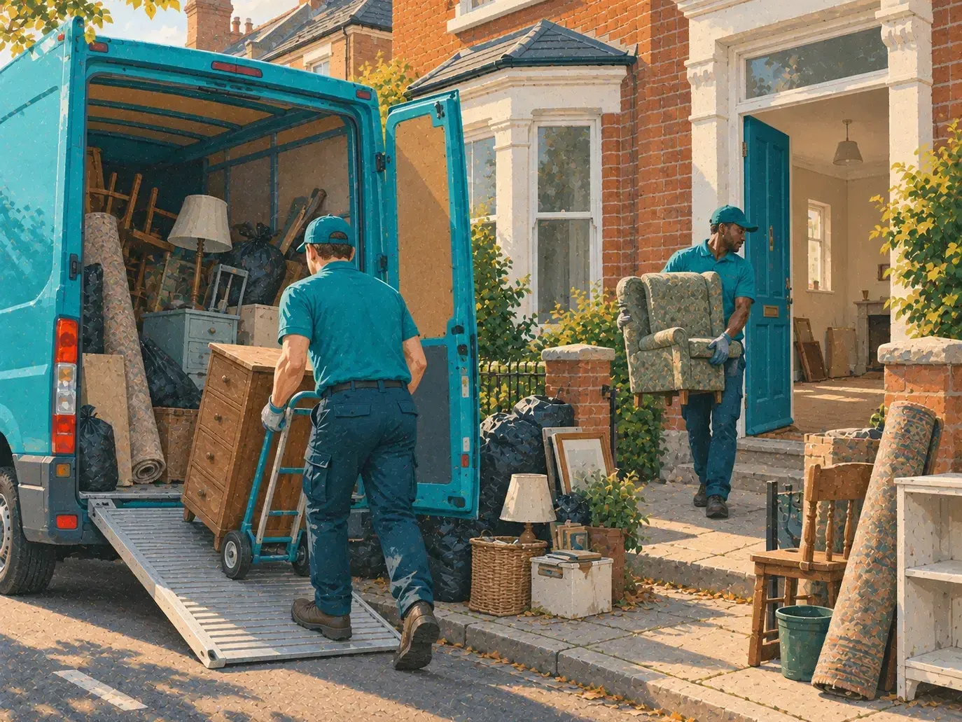 An illustration of a house clearance: one crew member wheels a chest of drawers up a ramp into a van already loaded with chairs, rugs and bin bags, while another carries an armchair out of a red-brick house