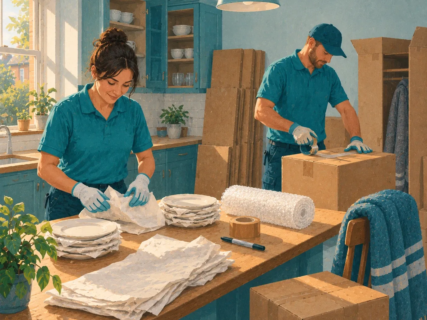 A packer wrapping glassware in protective paper and placing it into a labelled moving box