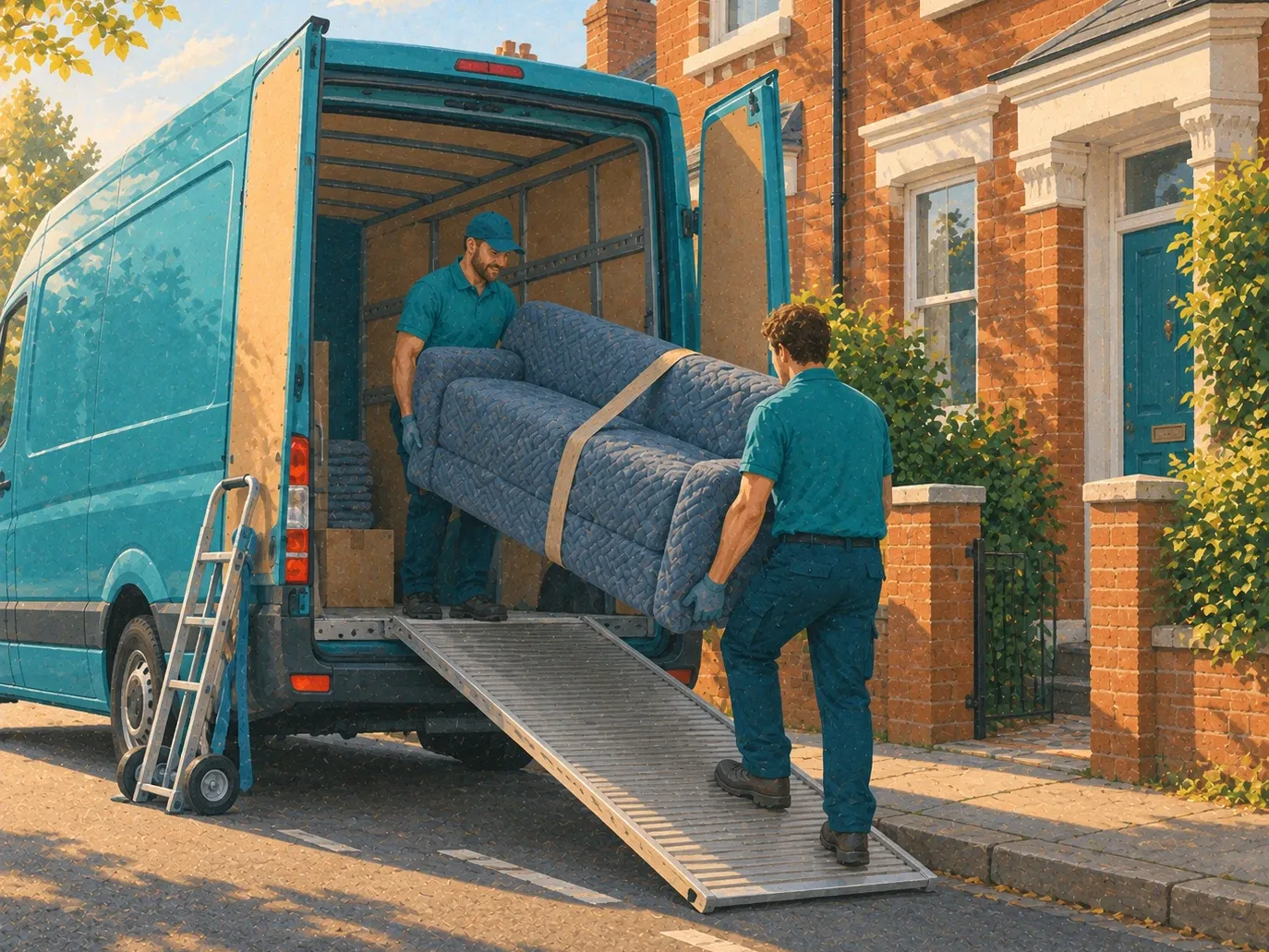 A blanket-wrapped sofa being carried on a trolley from a van into a flat entrance