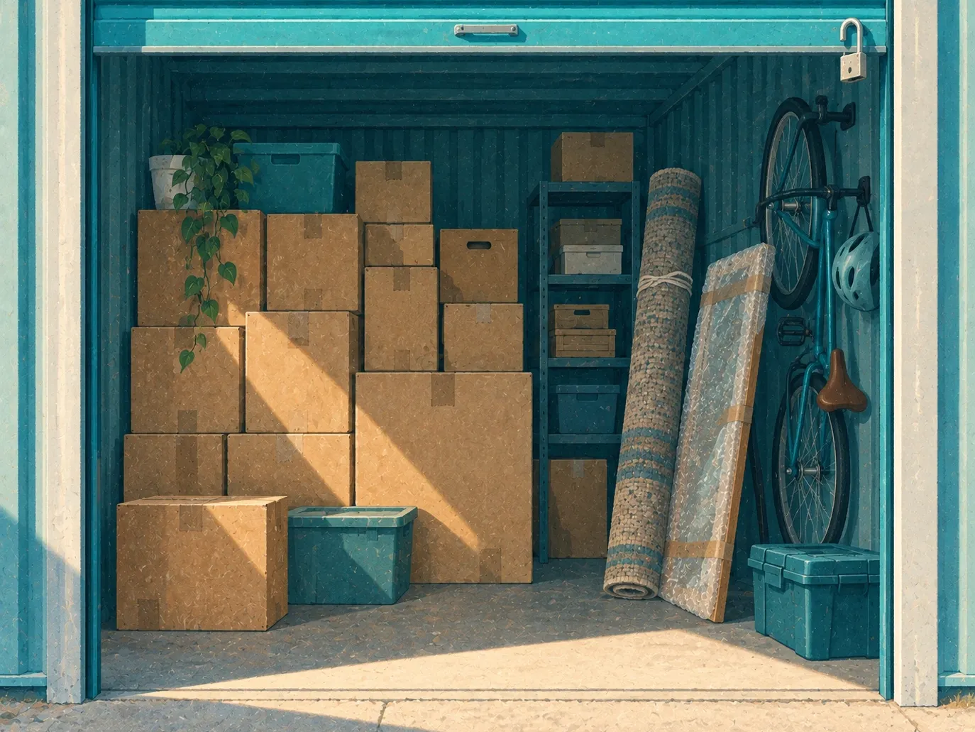Blanket-wrapped furniture and labelled boxes stacked inside a secure storage container